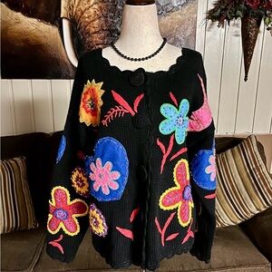 Margo’s • Medium • Black W/ Floral Multi-Colors • Beaded/ Embroidery • Sweater